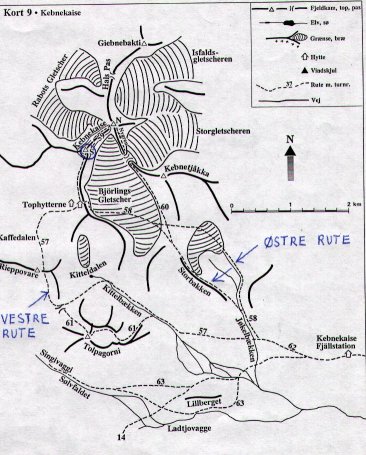 Kort hvor stre og den lange Vestre Rute kan ses