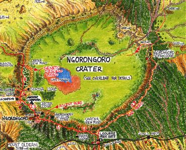 Kort over Ngorongoro Krateret.
